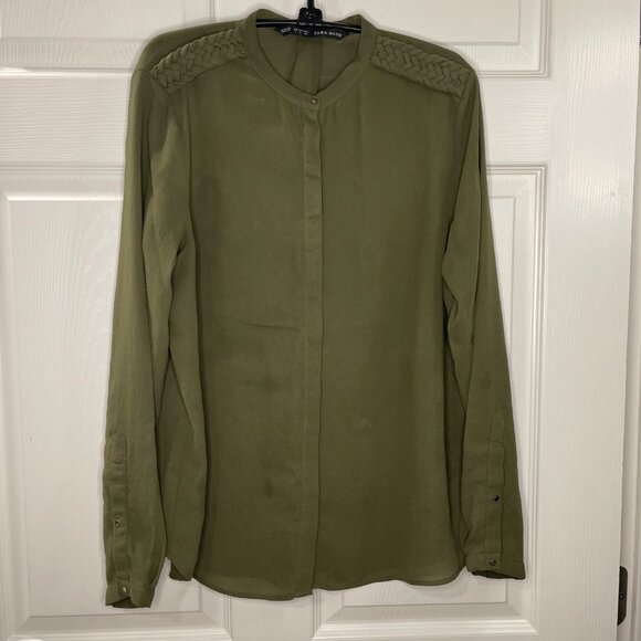 Zara Basic Chiffon Blouse Women's Size Large Green Military Style Long Sleeves - Picture 2 of 7